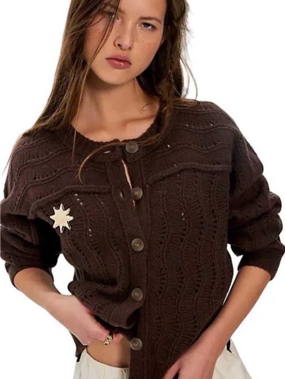 We The Free Amsterdam Knit Cardigan Chickory Coffee Button Sweater K